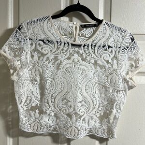 Zara Ivory Mesh & Lace Appliqué Scattered Sequined Semi-Sheer Top